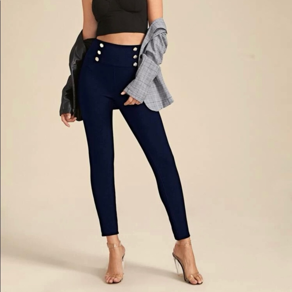 Waistband Double Button Skinny Pants - Navy Blue - Size XS
